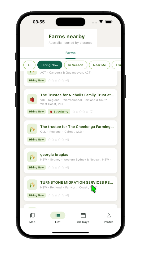 Farm list with Hiring Now badges