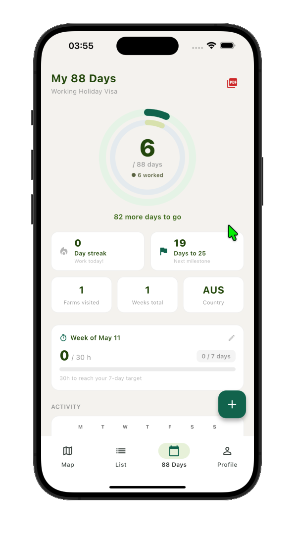 88 day visa tracker with progress circle